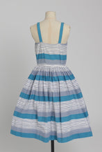 Load image into Gallery viewer, Vintage 1950s original blue and grey seaside stripe Horrockses fashions cotton dress and bolero UK 6 US 2 XS
