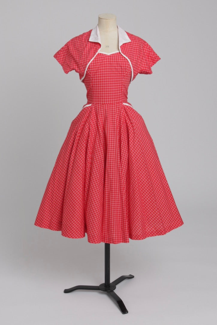 Vintage 1950s Dress / 50s Cotton Dress / Betty Barclay Red and Black Eyelet Print Dress w/ Matching Bolero orders XS