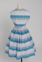 Load image into Gallery viewer, Vintage 1950s original blue and grey seaside stripe Horrockses fashions cotton dress and bolero UK 6 US 2 XS
