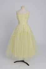Load image into Gallery viewer, Vintage 1950s original lemon yellow lace and net cocktail dress UK 6 XS