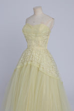 Load image into Gallery viewer, Vintage 1950s original lemon yellow lace and net cocktail dress UK 6 XS