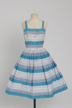 Load image into Gallery viewer, Vintage 1950s original blue and grey seaside stripe Horrockses fashions cotton dress and bolero UK 6 US 2 XS