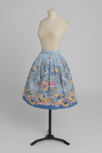 Load image into Gallery viewer, Vintage 1950s original novelty travel label print cotton skirt UK 8 S