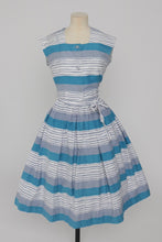 Load image into Gallery viewer, Vintage 1950s original blue and grey seaside stripe Horrockses fashions cotton dress and bolero UK 6 US 2 XS