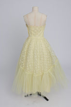 Load image into Gallery viewer, Vintage 1950s original lemon yellow lace and net cocktail dress UK 6 XS