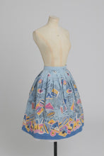 Load image into Gallery viewer, Vintage 1950s original novelty travel label print cotton skirt UK 8 S