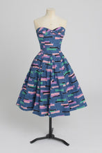 Load image into Gallery viewer, Vintage 1950s original Alice Edwards novelty print cotton strapless dress UK 6 XS