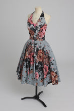 Load image into Gallery viewer, Vintage 1950s original floral rose print glitter accent cotton dress by Jackie Morgan UK 6 8 XS S