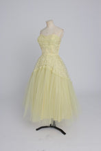 Load image into Gallery viewer, Vintage 1950s original lemon yellow lace and net cocktail dress UK 6 XS