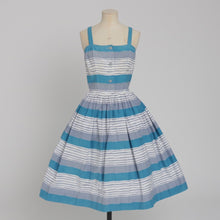 Load image into Gallery viewer, Vintage 1950s original blue and grey seaside stripe Horrockses fashions cotton dress and bolero UK 6 US 2 XS