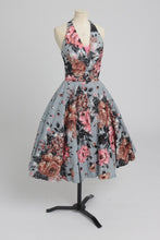 Load image into Gallery viewer, Vintage 1950s original floral rose print glitter accent cotton dress by Jackie Morgan UK 6 8 XS S