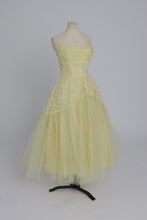 Load image into Gallery viewer, Vintage 1950s original lemon yellow lace and net cocktail dress UK 6 XS