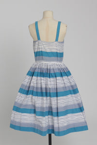 Vintage 1950s original blue and grey seaside stripe Horrockses fashions cotton dress and bolero UK 6 US 2 XS