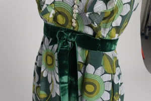 Vintage 1970s original Quad floral print cotton voile maxi dress with velvet details UK 8 US 4 S