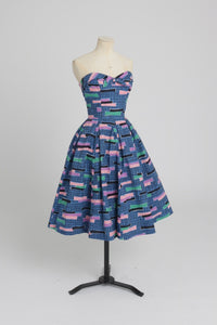 Vintage 1950s original Alice Edwards novelty print cotton strapless dress UK 6 XS