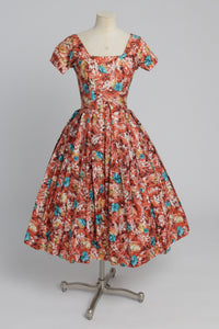 Vintage 1950s original orange floral print cotton dress by Melbray UK 6 8 US 2 4 XS S