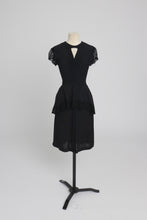 Load image into Gallery viewer, Vintage 1940s original black crepe and lace peplum dress UK 6 8 XS S
