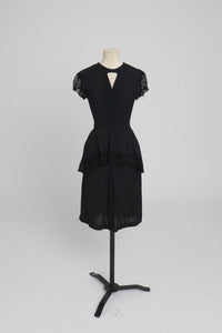Vintage 1940s original black crepe and lace peplum dress UK 6 8 XS S