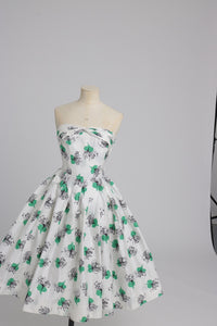 Vintage 1950s original white cotton dress with green detail by Atrima UK 6 8 XS S