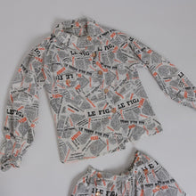 Load image into Gallery viewer, Vintage 1980s does 1950s novelty newspaper print 2 piece outfit blouse and culottes UK 8 10 US 4 6 S
