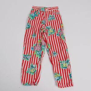 Vintage 1980s original Benetton red stripe floral print slim leg high waist crop trousers UK 6 US 2 XS