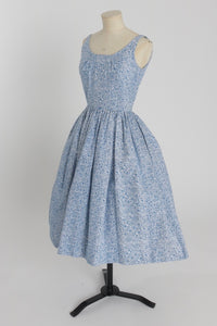 Vintage 1950s original Miss Polly Polly Peck blue graphic novelty print cotton dress and matching bolero UK 6 US 2 XS