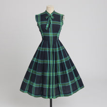 Load image into Gallery viewer, Vintage 1950s original House of Nine green check dress with bow details UK 6 XS
