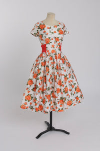 Vintage 1950s original orange floral print cotton dress  UK 8 S