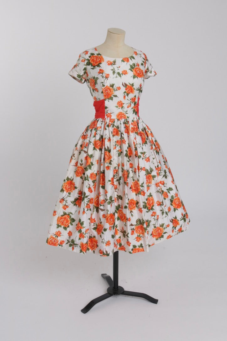 Vintage 1950s original orange floral print cotton dress  UK 8 S