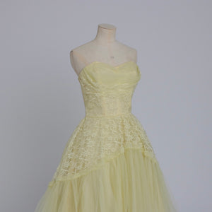 Vintage 1950s original lemon yellow lace and net cocktail dress UK 6 XS