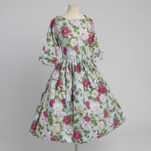 Vintage 1950s original Julian Frances pale blue cotton floral print dress with full skirt UK 8 US 4 XS S