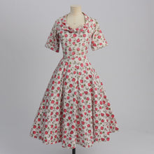 Load image into Gallery viewer, Vintage 1950s original Horrockses novelty strawberry print cotton dress print by Brigette Dehnert 1952 UK 8 US 4 S
