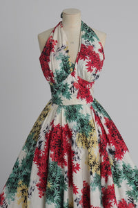 Vintage 1950s original Japanese leaf print cotton dress UK 6 XS