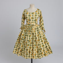 Load image into Gallery viewer, Vintage 1950s yellow rose print cotton dress with 3/4 length sleeves UK 8 S
