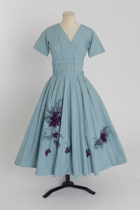Vintage 1950s original blue floral print cotton dress with floral applique by Marjorie Montgomery UK 8 US 4 S