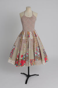Vintage 1970s does 1950s German novelty patchwork cotton dress UK 8 10 S