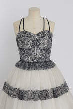 Load image into Gallery viewer, Vintage 1950s original novelty flocked border print cocktail dress by Blanes UK 8 US 4 S

