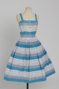 Vintage 1950s original blue and grey seaside stripe Horrockses fashions cotton dress and bolero UK 6 US 2 XS