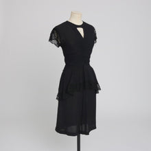 Load image into Gallery viewer, Vintage 1940s original black crepe and lace peplum dress UK 6 8 XS S
