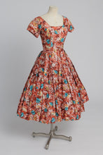 Load image into Gallery viewer, Vintage 1950s original orange floral print cotton dress by Melbray UK 6 8 US 2 4 XS S
