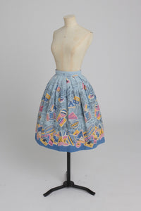 Vintage 1950s original novelty travel label print cotton skirt UK 8 S