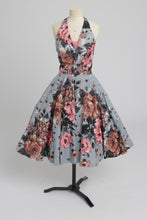 Load image into Gallery viewer, Vintage 1950s original floral rose print glitter accent cotton dress by Jackie Morgan UK 6 8 XS S
