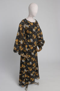 Vintage 1970s original black cotton blend maxi dress w balloon sleeves by Shelana XS S