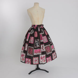 Vintage 1950s original novelty stamp print cotton skirt brown and pink UK 6 US 2 XS