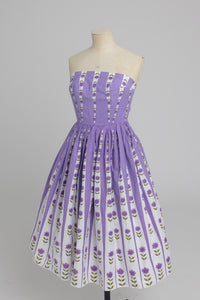 Vintage 1950s original Sambo fashions floral print purple cotton dress UK 6 8 XS S
