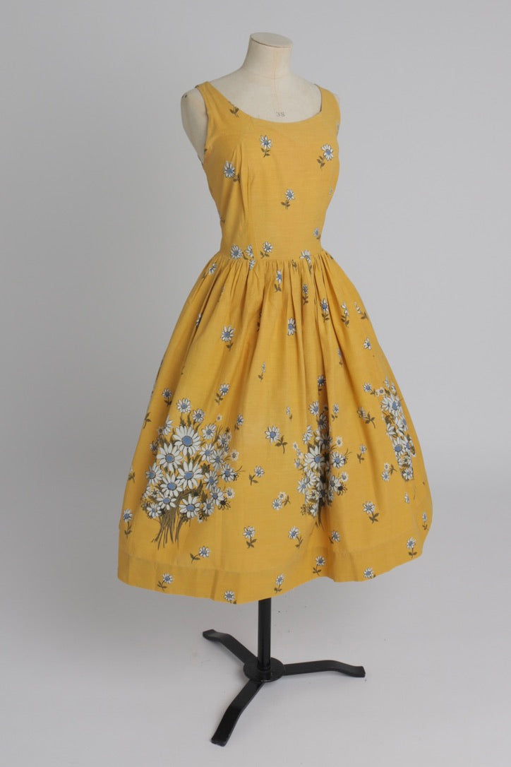 Vintage 1950s original sunshine yellow floral print Horrockses cotton dress UK 12 M