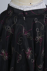 Vintage 1950s original black embroidered green pink and white tafeta skirt UK 8 10 S