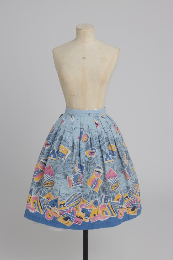 Vintage 1950s original novelty travel label print cotton skirt UK 8 S