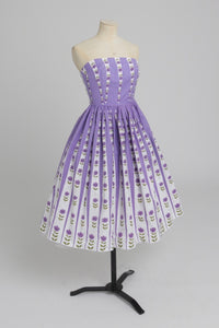 Vintage 1950s original Sambo fashions floral print purple cotton dress UK 6 8 XS S