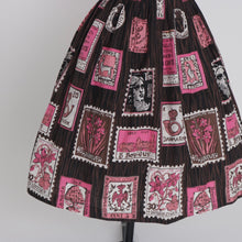 Load image into Gallery viewer, Vintage 1950s original novelty stamp print cotton skirt brown and pink UK 6 US 2 XS
